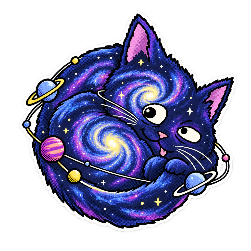 Spot illustration of Catlaxy curled around a ring of small planets