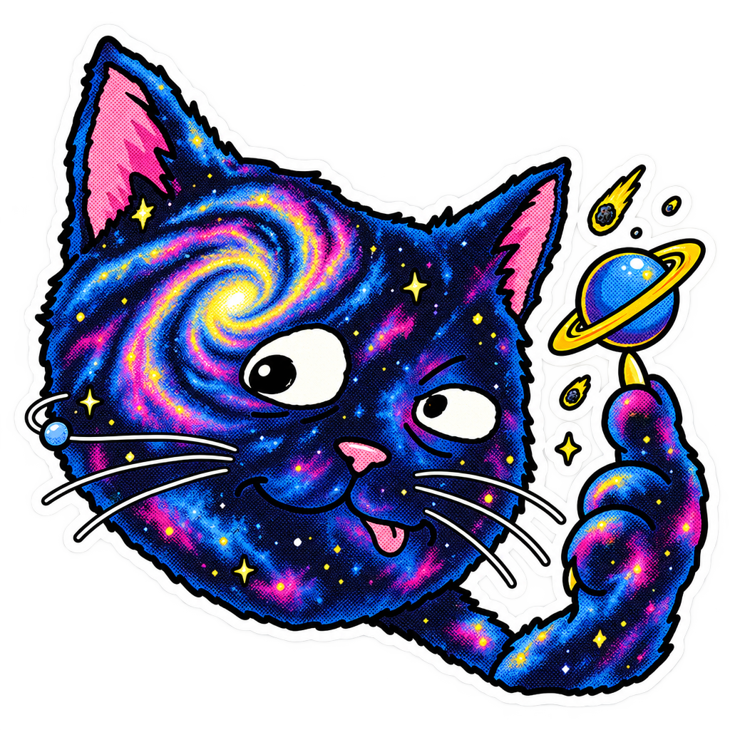 Spot illustration of Catlaxy reaching a starry paw toward a ringed planet